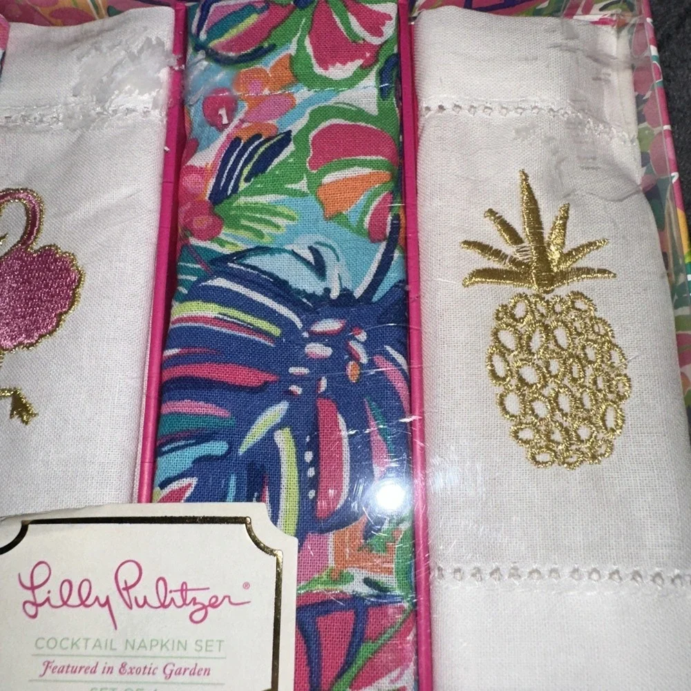 NWT LILLY PULITZER GWP Cocktail Napkin Set Seasalt Blue Fruity Flamingo Set of 4